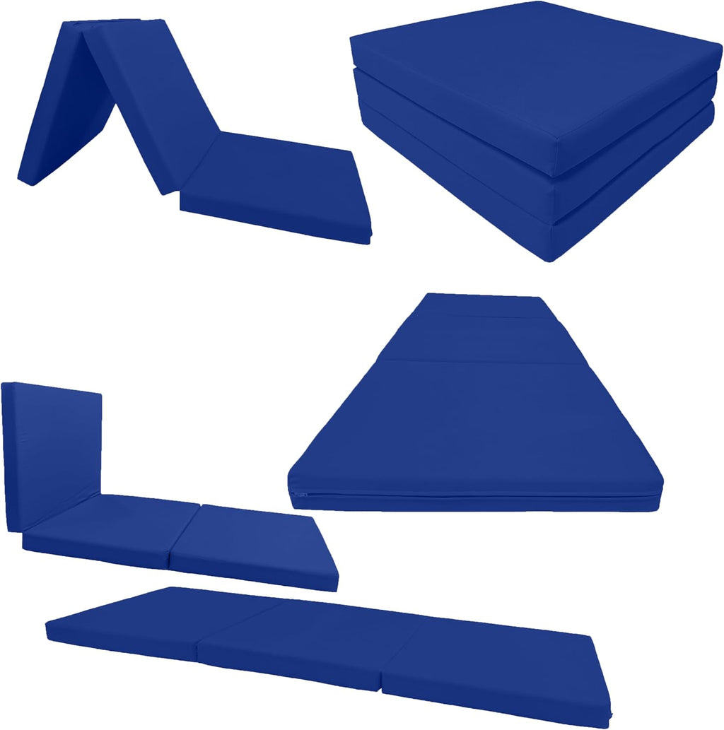 D&D Futon Furniture Trifold Foam Beds, Floor Tri-Fold Bed, Foldable Shikibuton Mattress Cushion Topper Mat for Space Saving Sleepover 3x27x75 in, Royal Blue