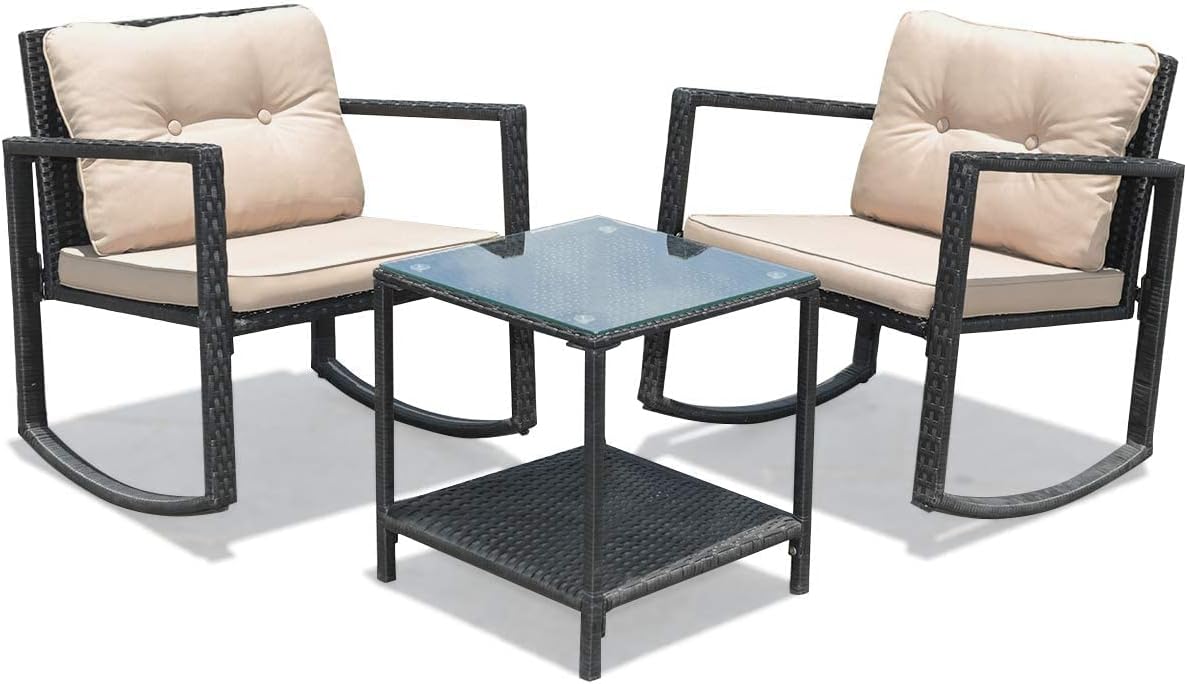 HAPPYGRILL 3-Piece Rocking Bistro Set Outdoor Patio Rocking Chairs with Coffee Table, Rattan Wicker Furniture Conversation Set for Garden Lawn Backyard Balcony