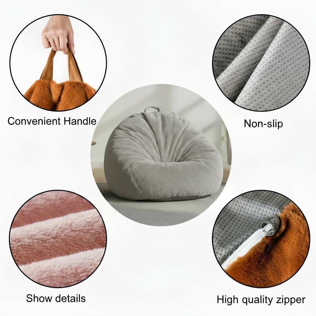 Faux Rabbit Fur Bean Bag Cover Only (No Filler), Stuffed Storage, Grey | Ultra-soft fur,washable,reinforced zipper,non-slip base,handle.Large 36"&28".Living room bedroom.Adult teen.Cover only.