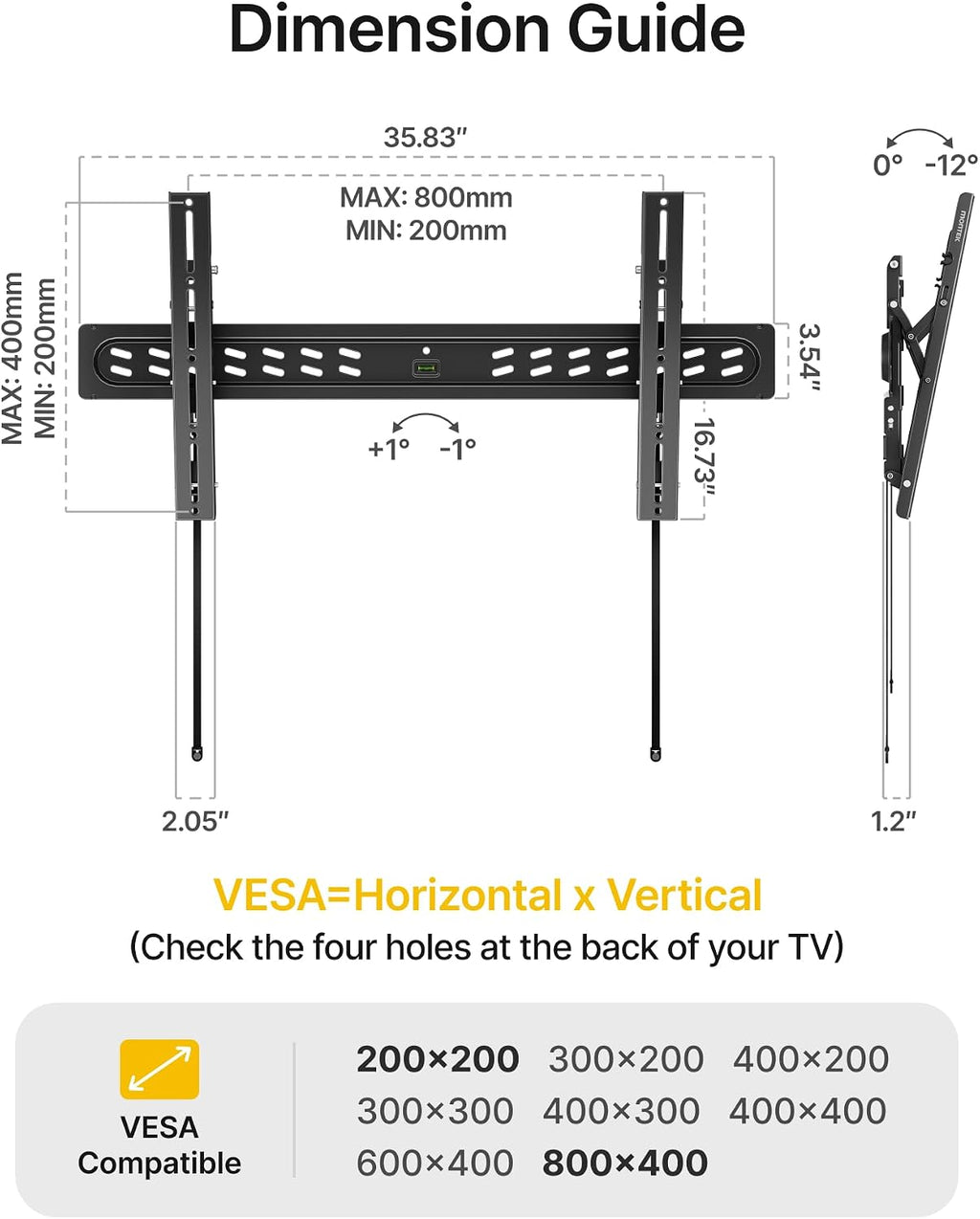 monTEK Ultra Slim Tilting TV Wall Mount for 43–95 inch TVs Holds 150 lbs | 1.2 in Low Profile, 0~-12° Tilt, 4X Safety Tested, Max VESA 800x400mm, Fits 16/18/24 in Wood Studs, Living Room, Home Theater
