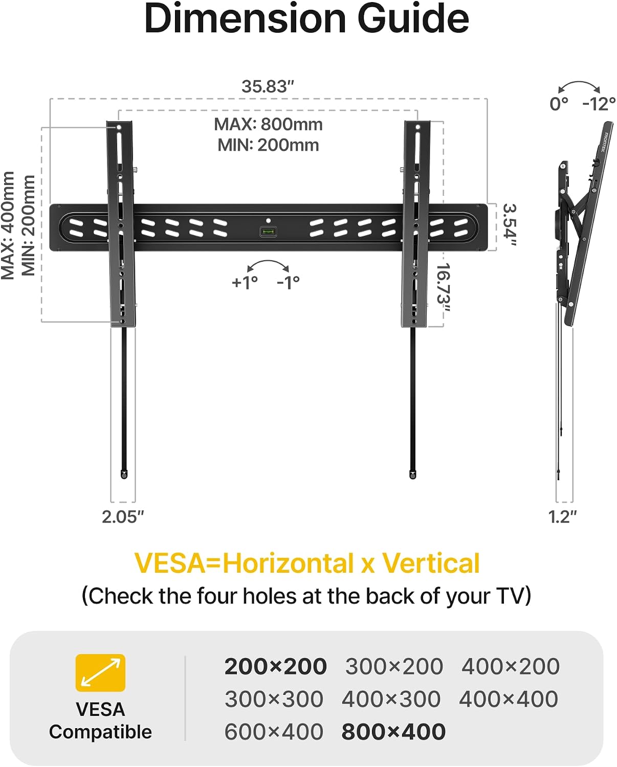 monTEK Ultra Slim Tilting TV Wall Mount for 43–95 inch TVs Holds 150 lbs | 1.2 in Low Profile, 0~-12° Tilt, 4X Safety Tested, Max VESA 800x400mm, Fits 16/18/24 in Wood Studs, Living Room, Home Theater
