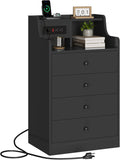 ADORNEVE Nightstand with Charging Station & Hutch,Black | Tall Bedside Table with 4 Drawers,Charging Night Table,Night Stand for Bedroom,Bed Side Tables