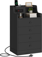 ADORNEVE Black Nightstand Set of 2,Bedside Table with 4 Drawers | Night Stand with Charging Station & Hutch,Large Nightstands Set of 2,Night Stands for Bedrooms,Side Tables Bedroom
