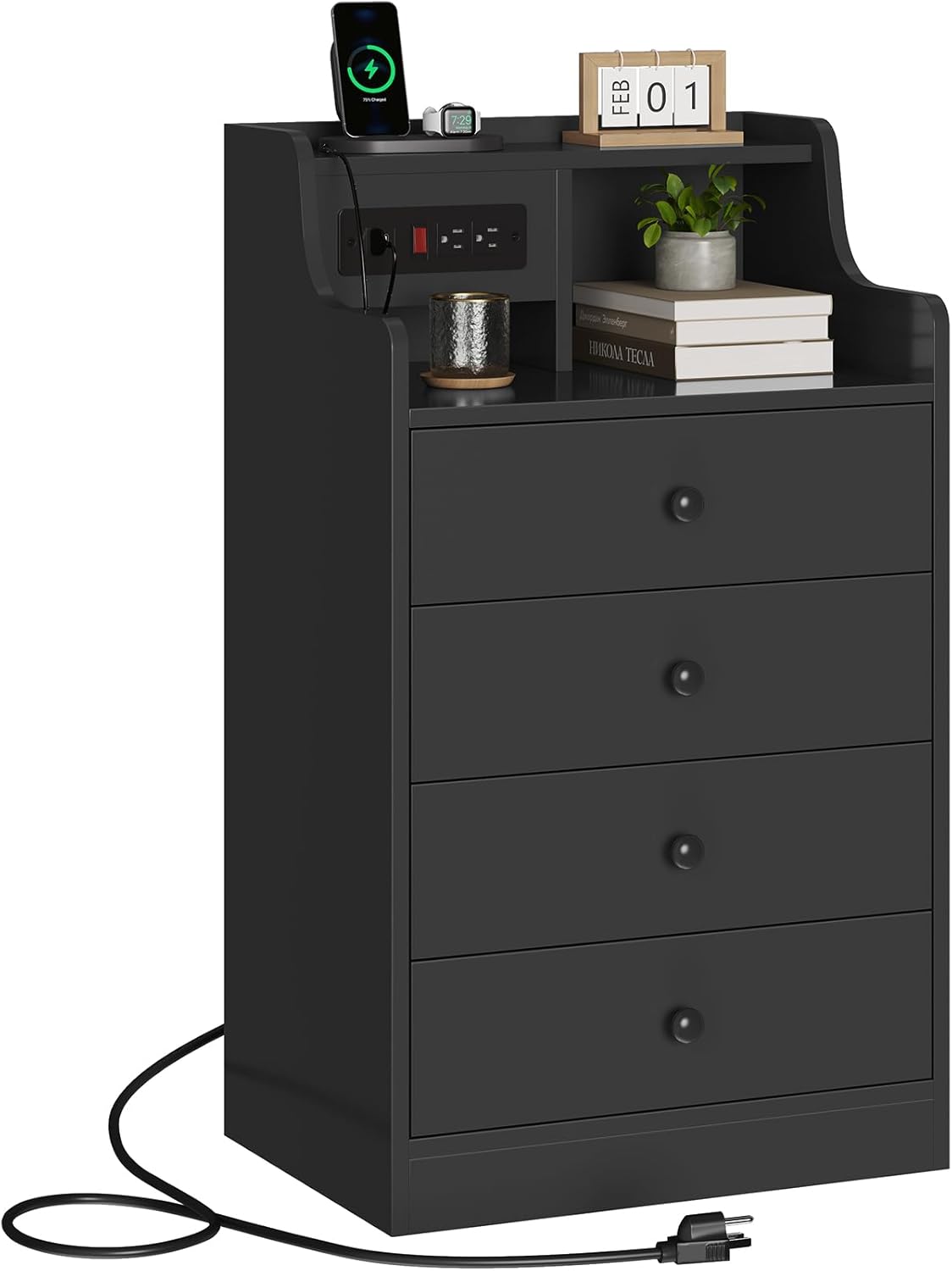 ADORNEVE Black Nightstand Set of 2,Bedside Table with 4 Drawers | Night Stand with Charging Station & Hutch,Large Nightstands Set of 2,Night Stands for Bedrooms,Side Tables Bedroom
