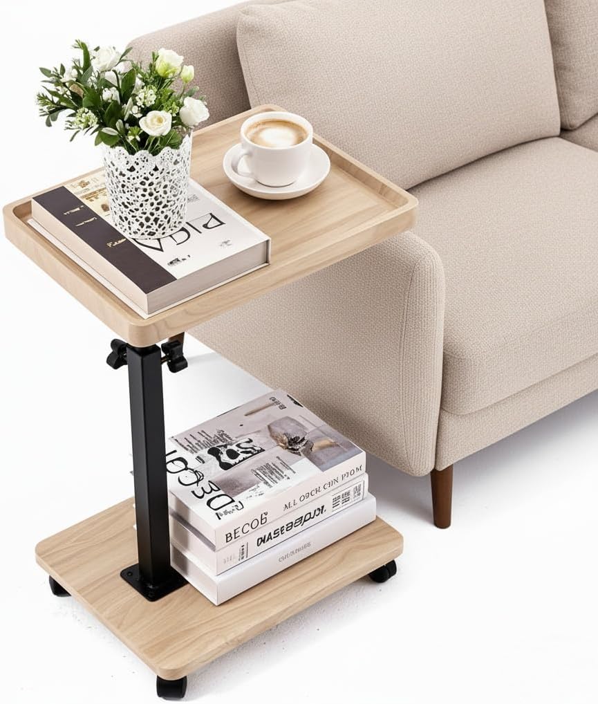 C Table End Table with Adjustable Height, C-Shaped Side Table for Couch & Bed, 360° Swivel TV Tray Table, Slide-Under Sofa Table for Snacks, Laptop & Small Spaces(Solid Wood Color)