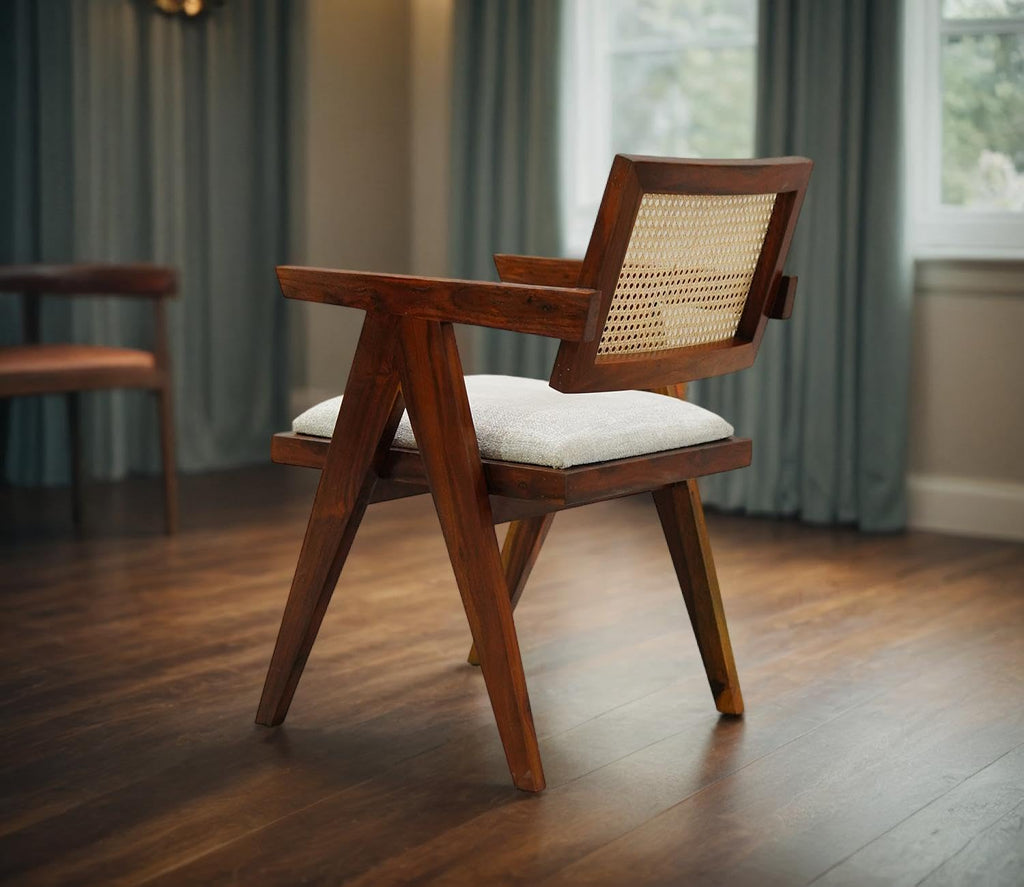 Solid Sheesham Wood Arm Chair with Cushion and Cane Back Support Chair Living Room Bedroom Home Wooden Armchair Furniture Garden Balcony Outdoor & Indoor (Honey Brown)