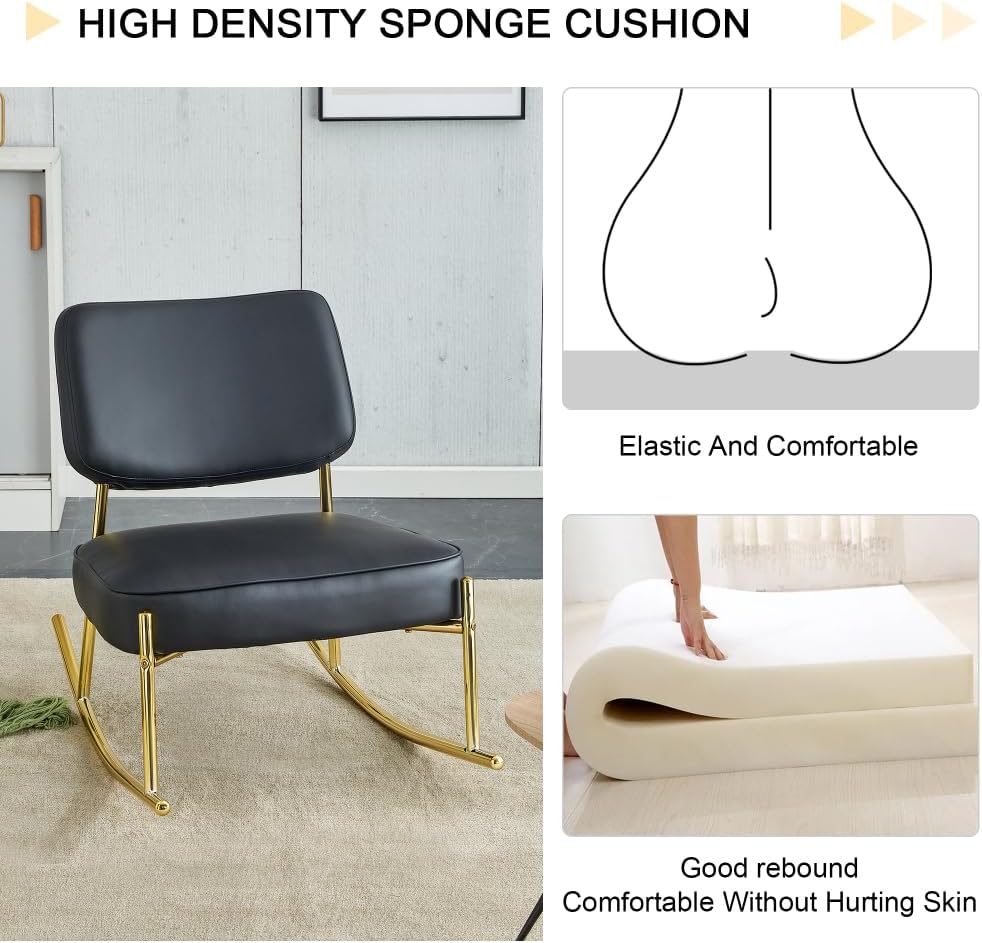 Modern Rocking Chair with PU Cushioned Seat, Black Backrest, Gold Metal Legs for Living Room, Bedroom, Office (Black + PU)