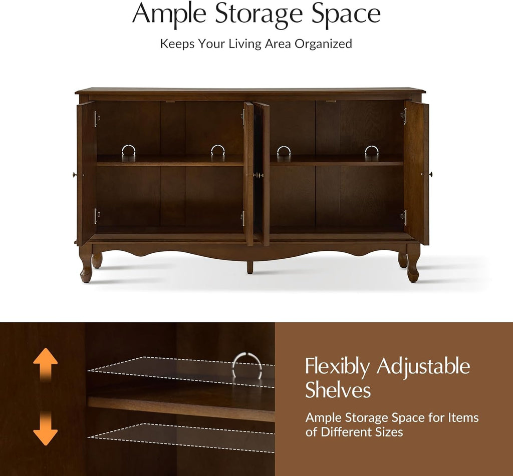 HULALA HOME Sideboard Buffet Cabinet with Storage, 58" Kitchen Farmhouse Wood Credenza Storage Cabinet with 4 Doors & 2 Shelves, Accent Console Table with Solid Wood Legs & Adjustable Shelves, Walnut