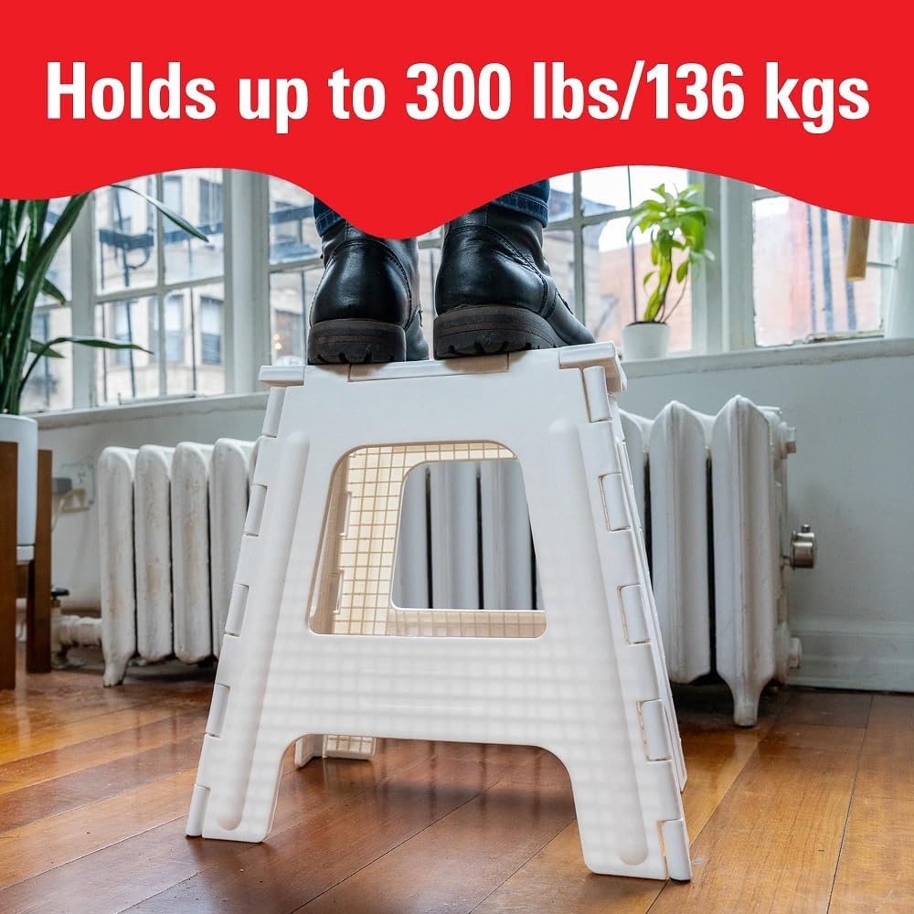Kikkerland Rhino Foldable Step Stool – Holds Adults up to 300 Lbs, Best for Kitchen & Bathroom – Collapsible, Portable, Lightweight Stepping Stool with Sturdy, Non-Slip Design – White, 15”