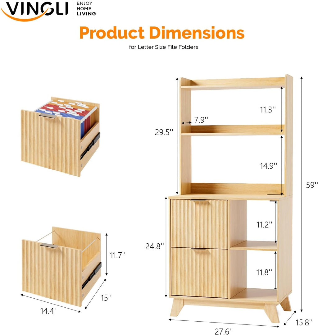 VINGLI Tall 2 Drawer File Cabinet with Adjustable Shelves, Home Office Filing Organizer for Letter Size File Folder Storage, Fluted Design, Wood Filing Cabinet with Socket, Printer Stand (Oak)