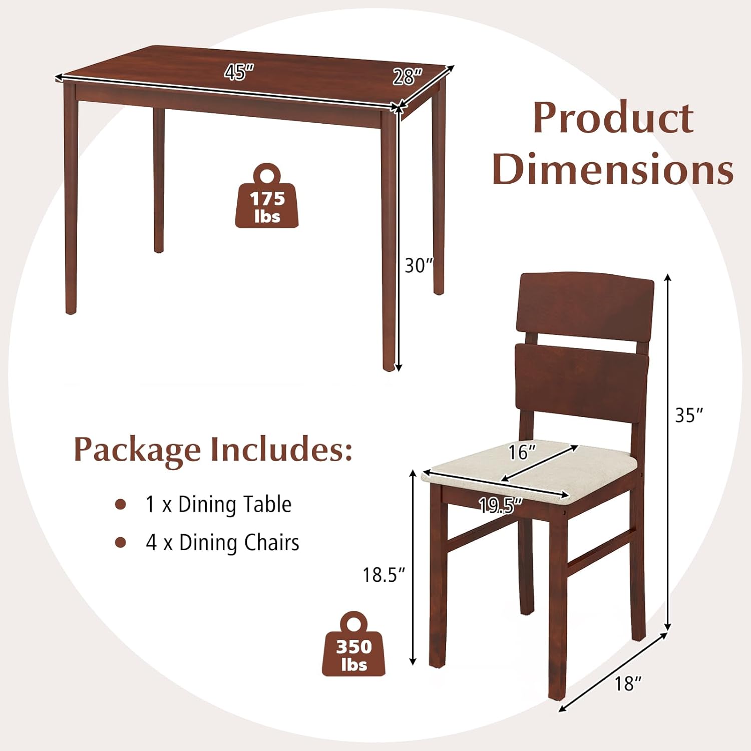 Tangkula Dining Table Set for 4, Dinette Set with Table and 4 Padded Seat, Rubber Wood Legs, Curved Backrest, Mid-Century Modern Kitchen Table and Chairs Set of 4 for Living Room, Dining Room