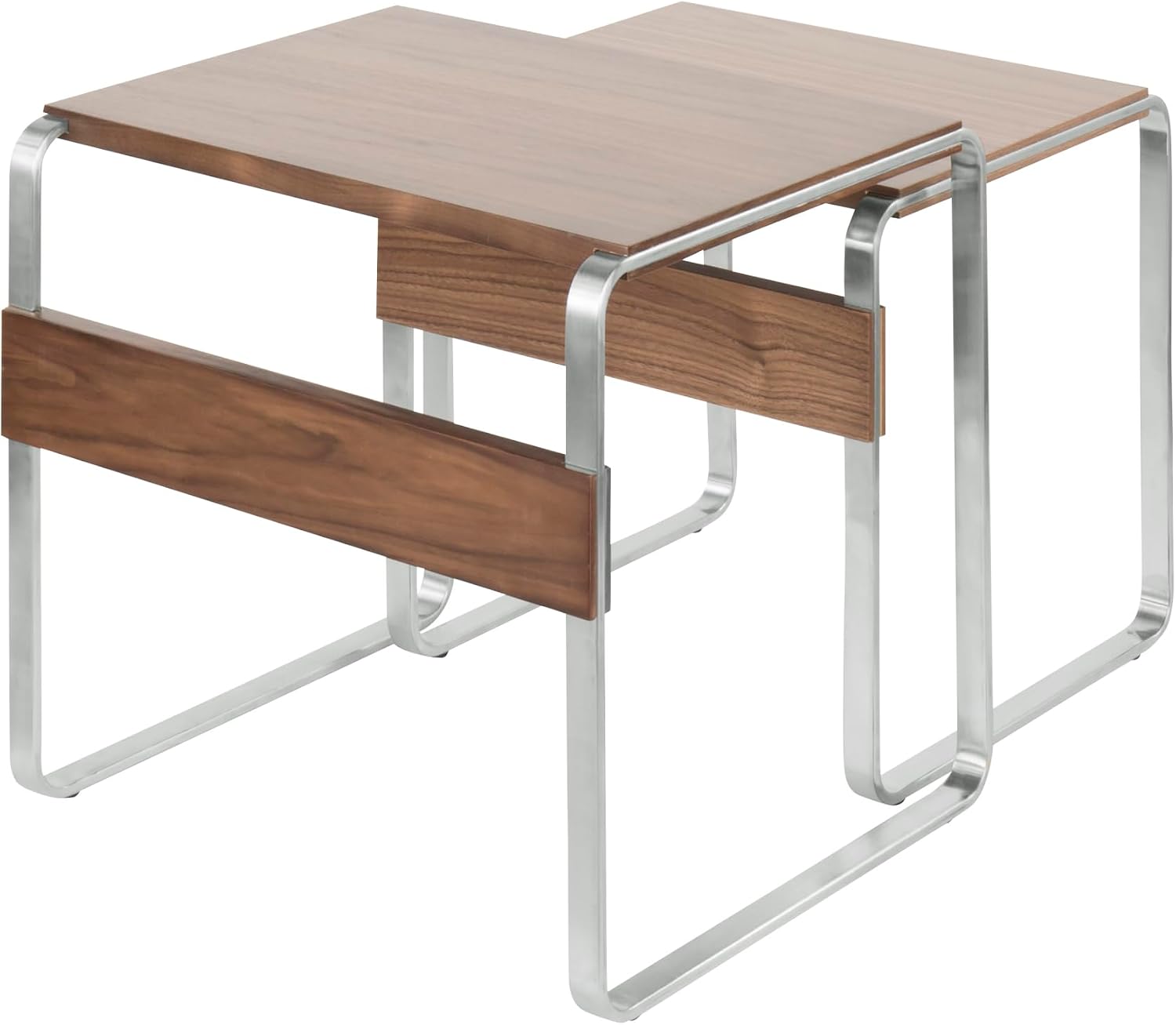 Side Mid-Century Modern Nesting Tables in Stainless Steel and Walnut | Two-table set with walnut wood tops and stainless steel bases