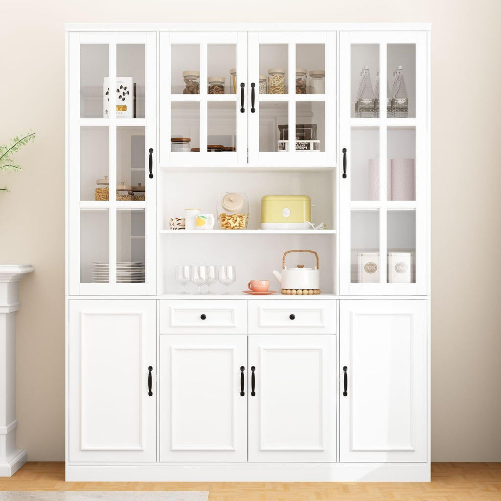MOUMON Large Kitchen Hutch Storage Cabinet with Adjustable Shelves & Glass Doors, Pantry Organization and Kitchen Storage with Drawers, White (63”W x 15.7”D x 78.7”H)