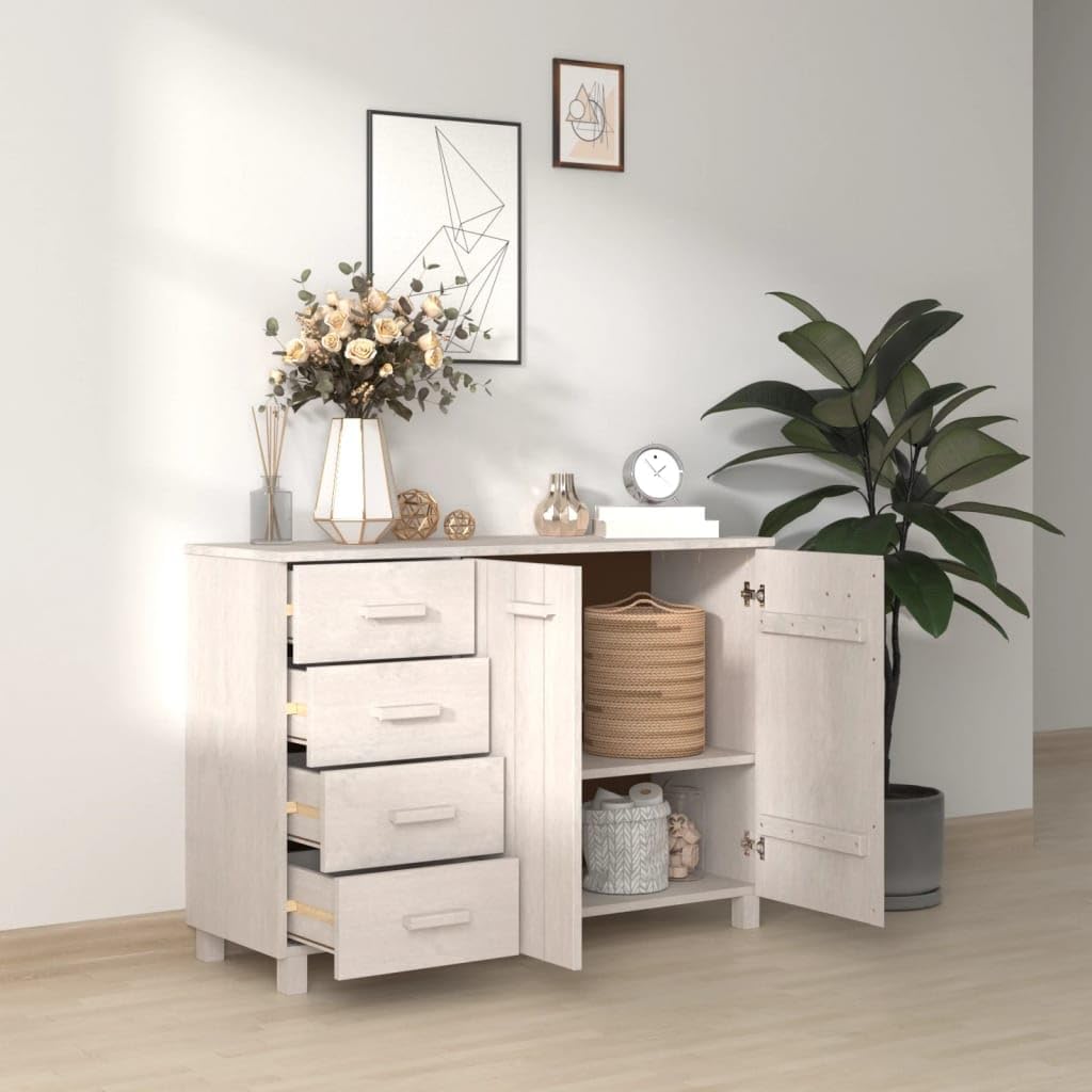 White Solid Pinewood and MDF Sideboard with 4 Drawers and 2 Doors, Modern Storage Cabinet for Dining Room Living Area Hallway Entryway Buffet Console