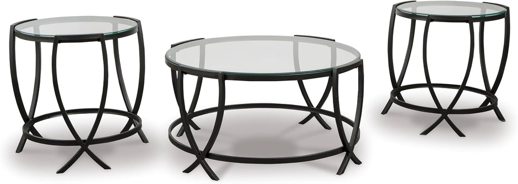 GTU Furniture Contemporary Glass Round 3-Piece Coffee Table Set, Cocktail Table with 2 Matching End Tables, Black Finish for Living Room