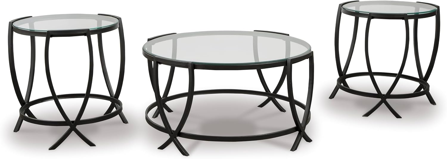 GTU Furniture Contemporary Glass Round 3-Piece Coffee Table Set, Cocktail Table with 2 Matching End Tables, Black Finish for Living Room