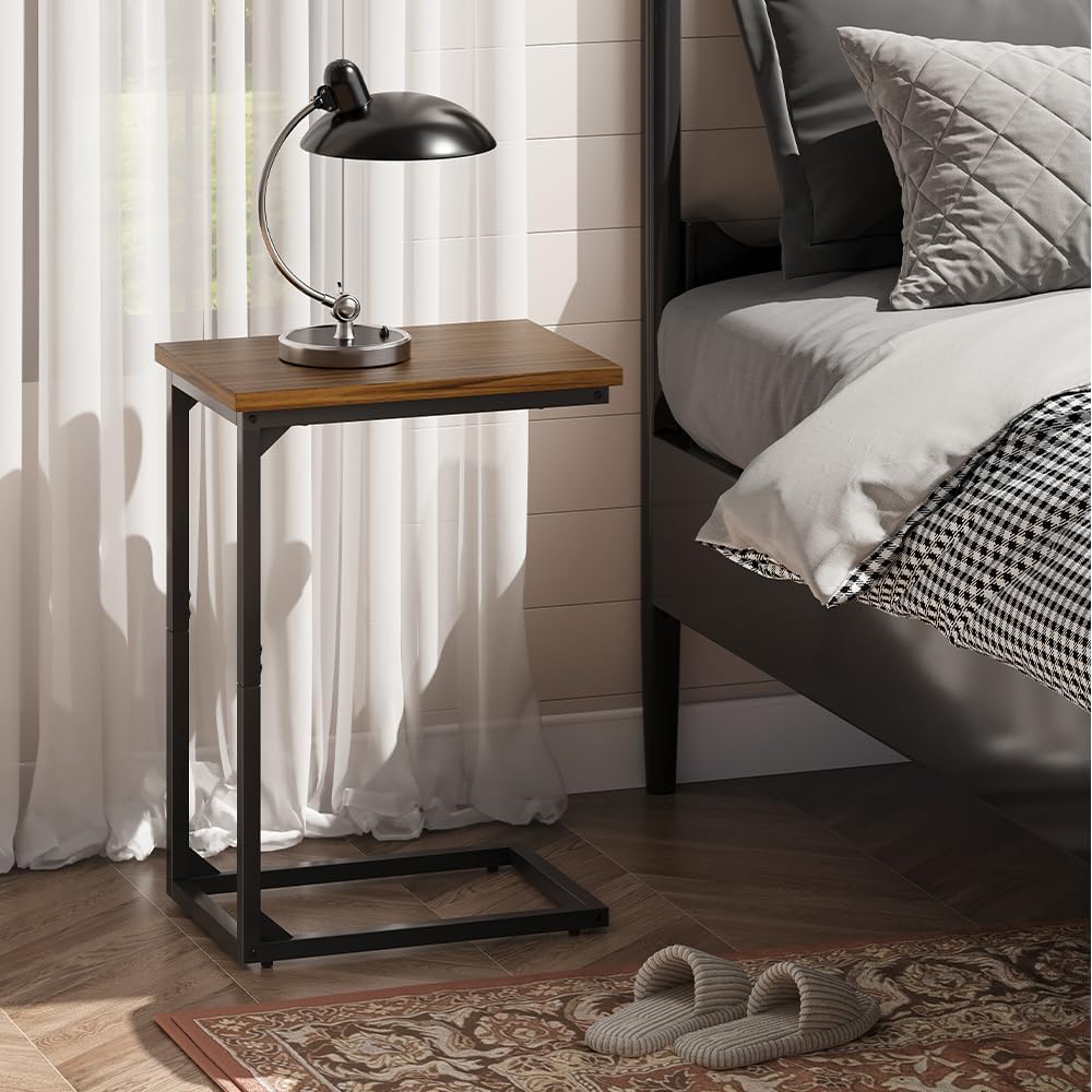 C-Shaped End Table,Small Side Tables for Sofa and Bedside，Sofa Table with Metal Frame for Sofa, Living Room, Bedroom, Office,Brown and Black