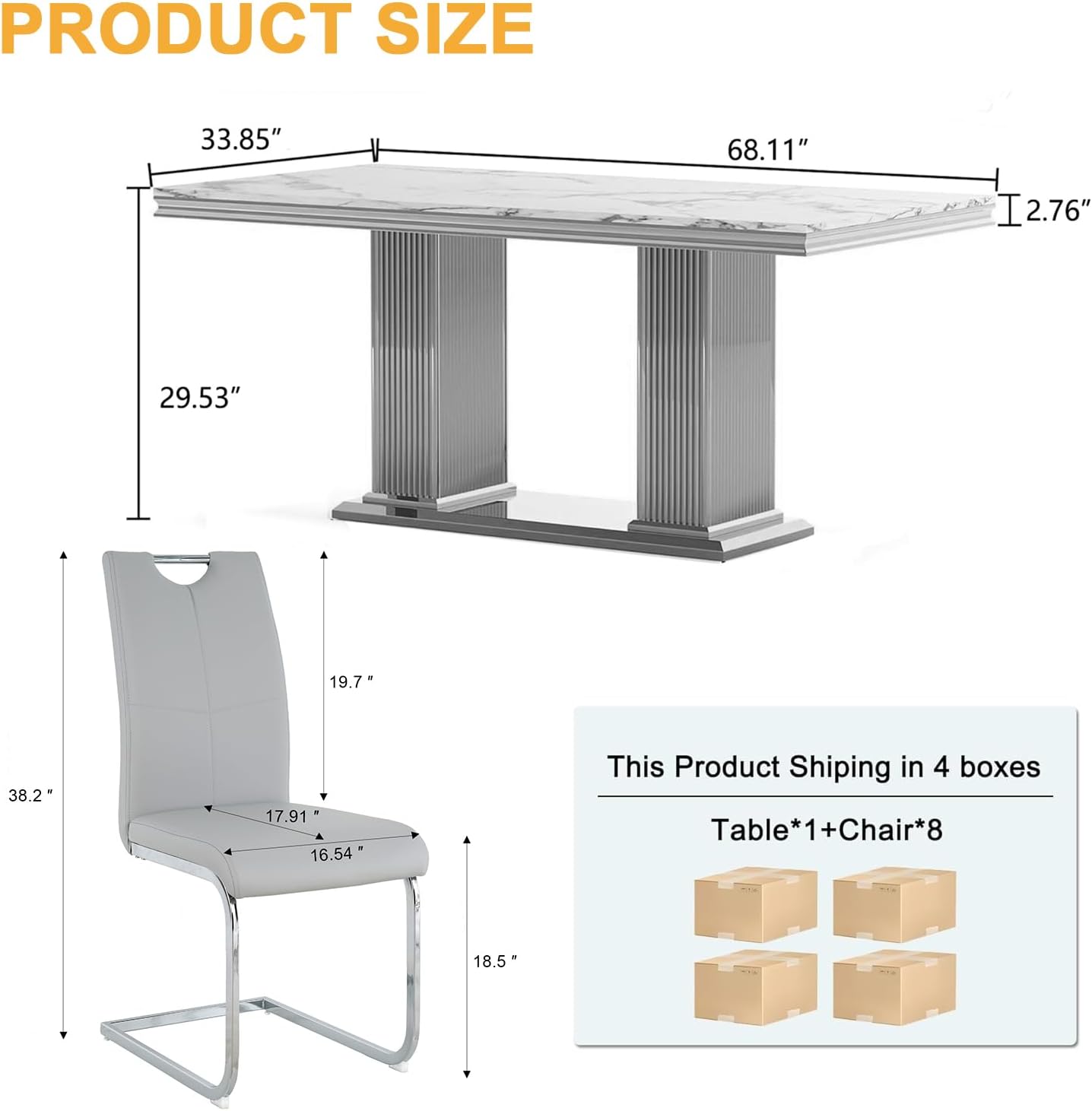 9 Piece Dining Table Set, 68.11" Dining Table and Chairs Set for 8, Modern Faux Marble Dining Table with 8 Grey Leather Chairs, White Kitchen Table with Silver Stainless Steel Base for Kitchen