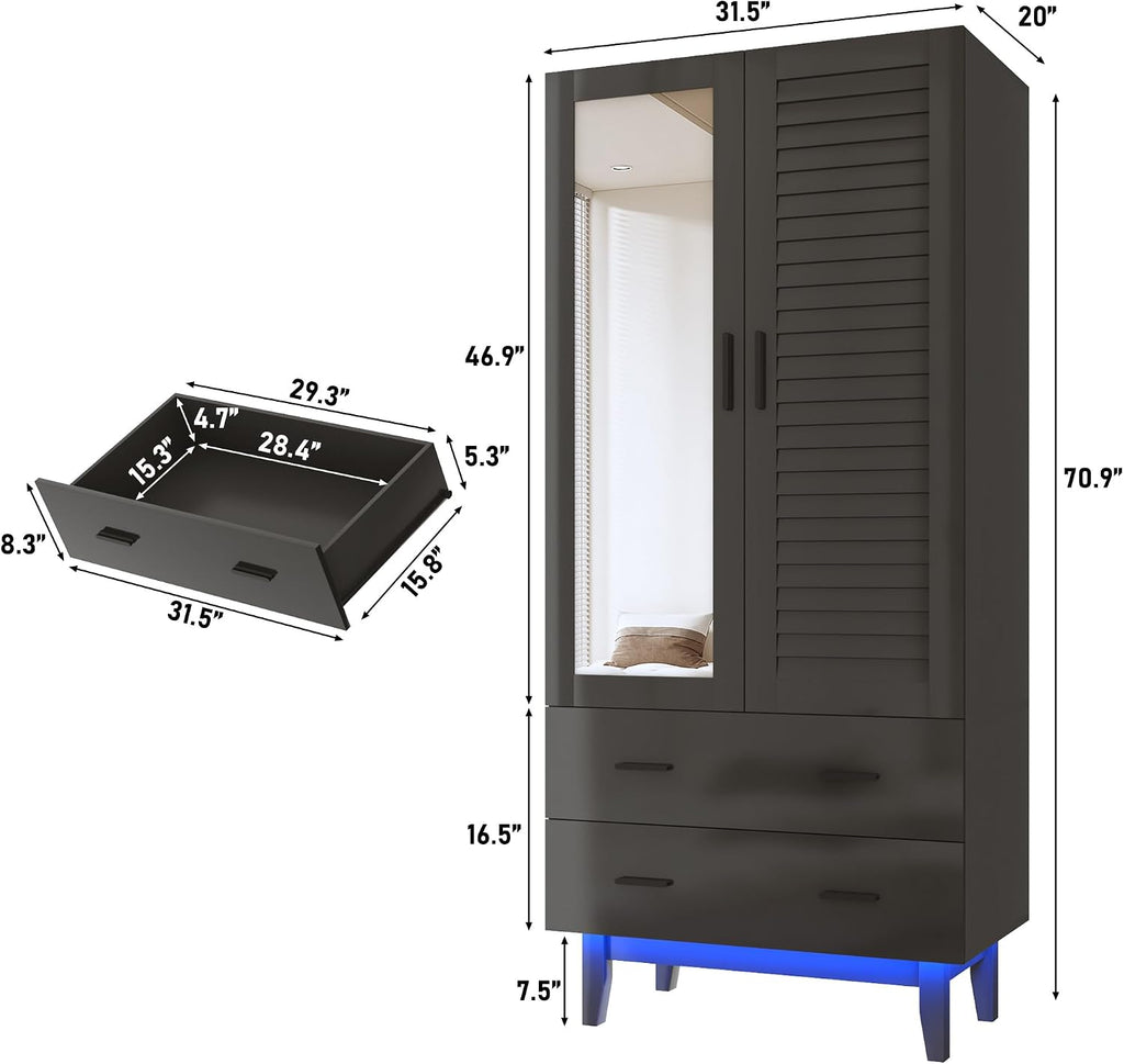 Hlivelood 2 Door Armoire Wardrobe Closet Cabinet with Mirror, Drawers and LED Lights, Multi-Tier Shelves, Hanging Rod & 2 Louver Doors, Large Capacity Storage Wardrobe Armoire for Bedroom, Black
