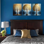 Arjun Tree Wall Art Gold Heart Shape Landscape Tree of Life Painting Teal Geometric Mountain Framed for Bathroom Living Room Bedroom Dinning Room Kitchen Home Office Wall Decor, 12"x16"x3 Panels