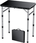 FUNYKICH Camping Table with Waterproof Plastic Tabletop 22.8''x15.7'', 3 Height Adjustable Small Folding Table, Lightweight Portable Picnic Table with Carry Handle for Picnic Beach Travel,Black Silver