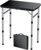 FUNYKICH Camping Table with Waterproof Plastic Tabletop 22.8''x15.7'', 3 Height Adjustable Small Folding Table, Lightweight Portable Picnic Table with Carry Handle for Picnic Beach Travel,Black Silver