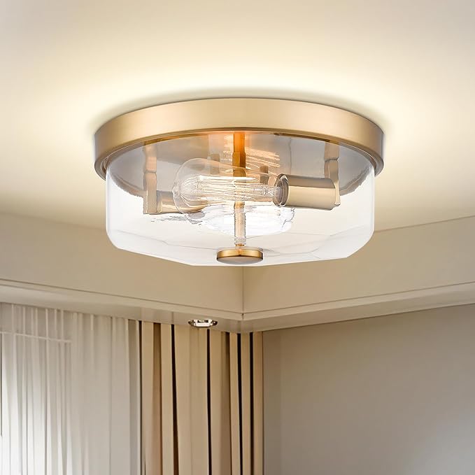 Gold Flush Mount Ceiling Light, 2-Light Hallway Light Fixtures, Modern Farmhouse Farmhouse Ceiling Light Clear Glass Brushed Gold Finish for Kitchen Porch Entryway