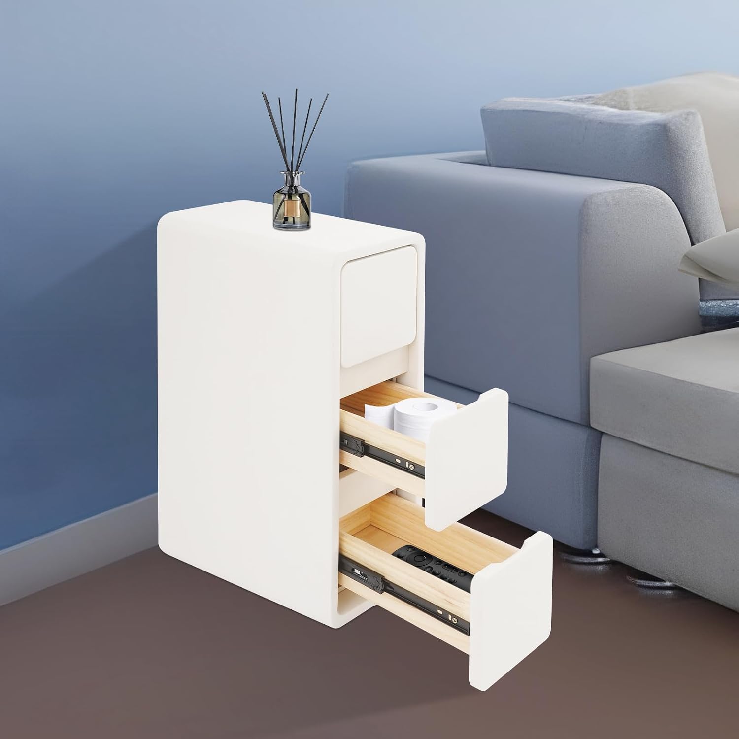 Solid Wood End Table, Narrow Bedside Table with 3 Drawers w/Leather Surface for Bedroom, Small Spaces, Living Room, Off-White