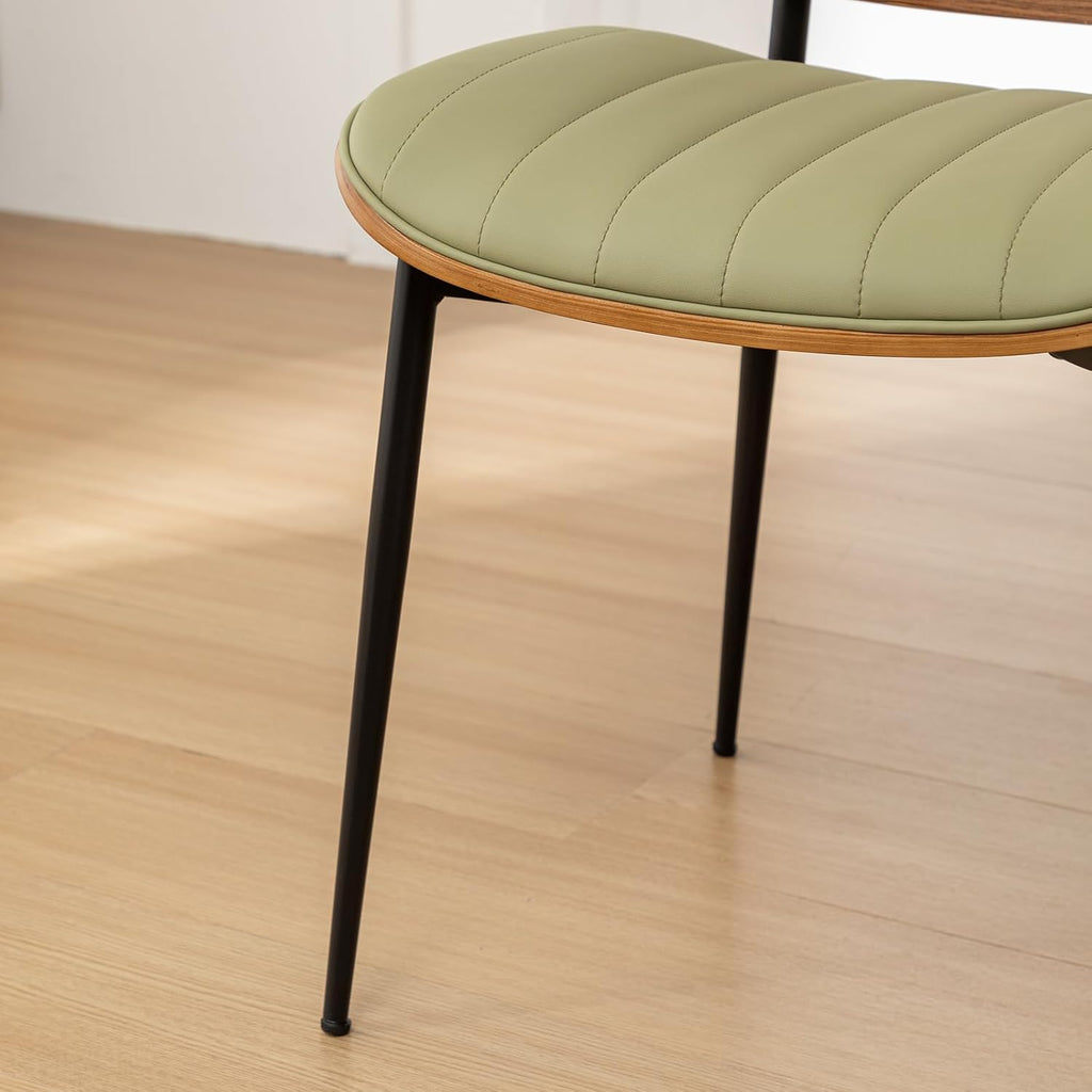 Rattan Dining Room Chairs Set of 4,Mid Century Modern Green PU Leather Kitchen Chair,Upholstered Seat Metal Legs Chairs with Adjustable Foot Pads,Walnut Armless Side Chairs