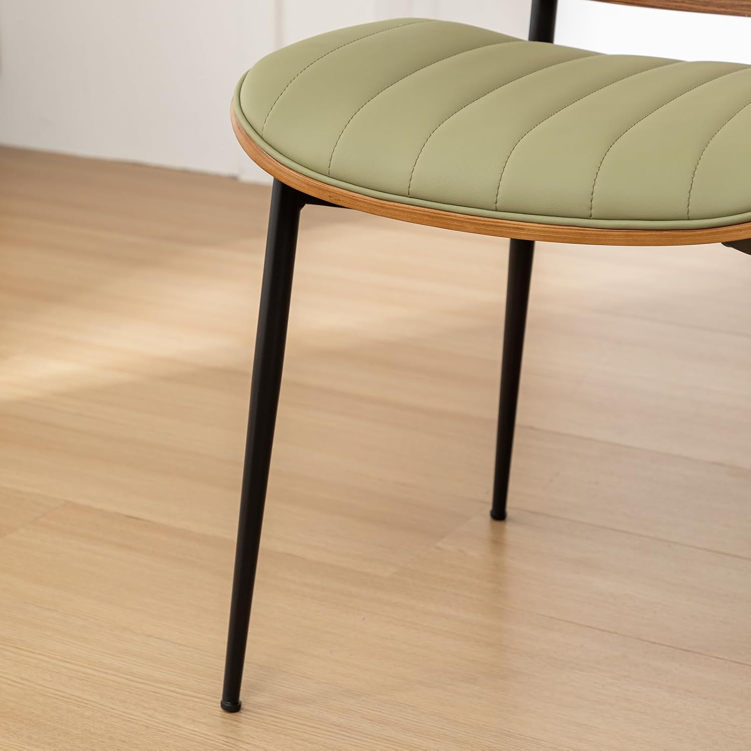 Rattan Dining Room Chairs Set of 4,Mid Century Modern Green PU Leather Kitchen Chair,Upholstered Seat Metal Legs Chairs with Adjustable Foot Pads,Walnut Armless Side Chairs