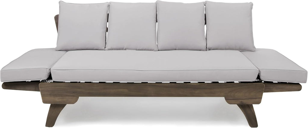 Christopher Knight Home Gary Patio Convertible Couch, Wooden Outdoor Daybed, 3-Seater Acacia Wood Patio Furniture Lounge Sofa for Backyard/Poolside/Garden, Back Pillow+Removable Cushion, Grey