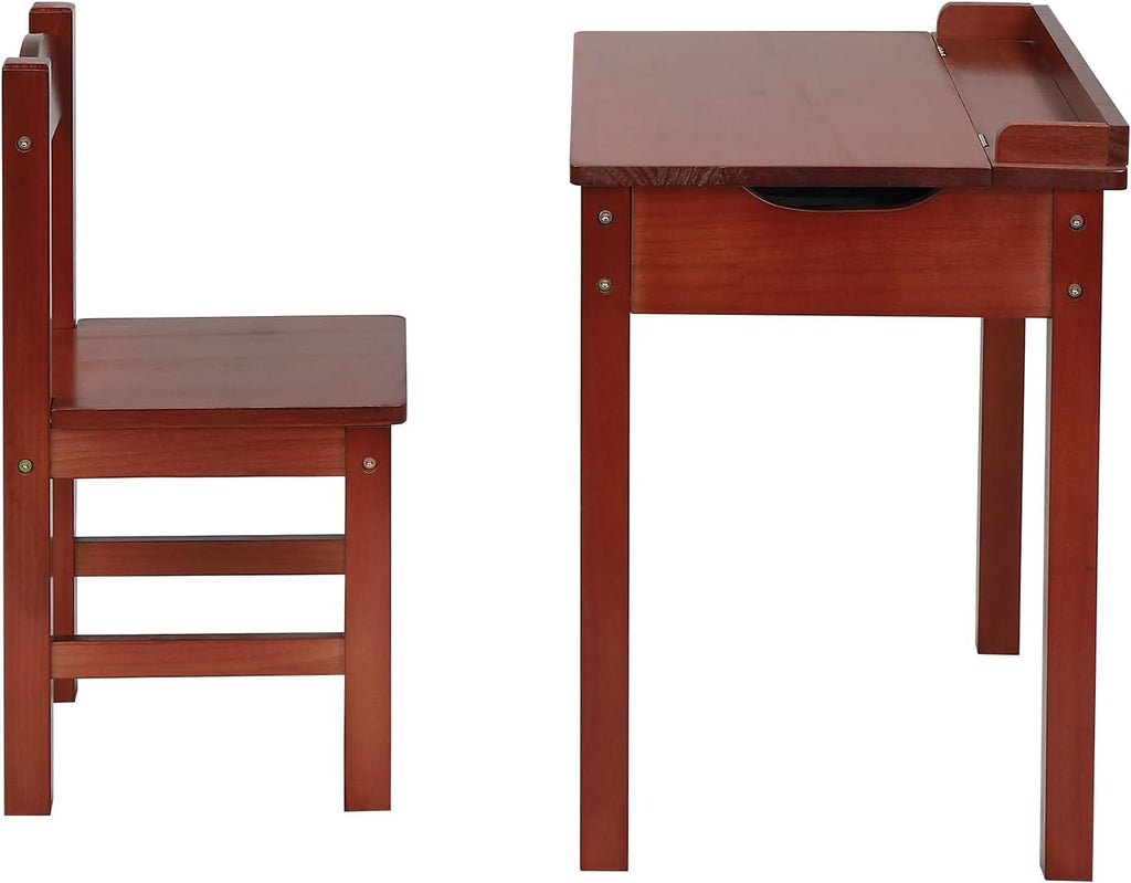 Vasitelan Table and Chair Set, Flip Top Wooden Study Desk w/Chair for Playroom, Wood Activity Table Set w/Storage Space (Coffee)
