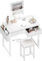 Lufeiya Small Makeup Vanity Desk with Fabric Drawers, 32 inch White Vanity Desks with Mirror and Light, Dressing Table and Chair Set with Power Outlet for Girls Bedroom, White