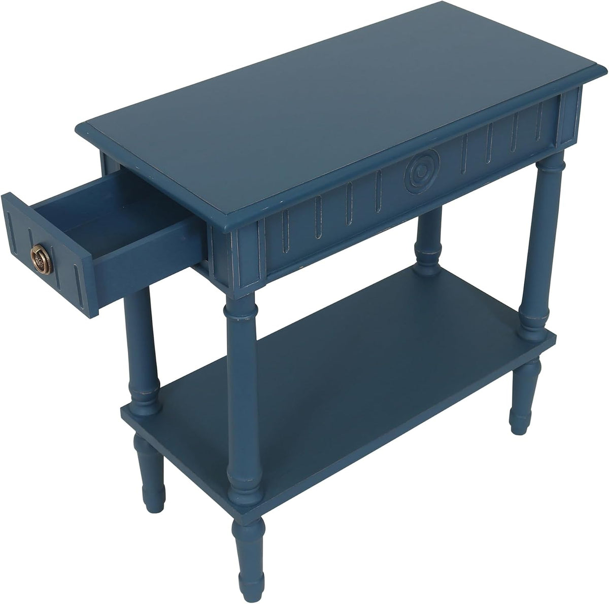 East at Main Handmade Solid Wood Narrow End Table with Drawer, Slim Blue Side Table for Bedroom, Living Room, or Entryway, Farmhouse Accent Furniture with Shelf and Turned Legs