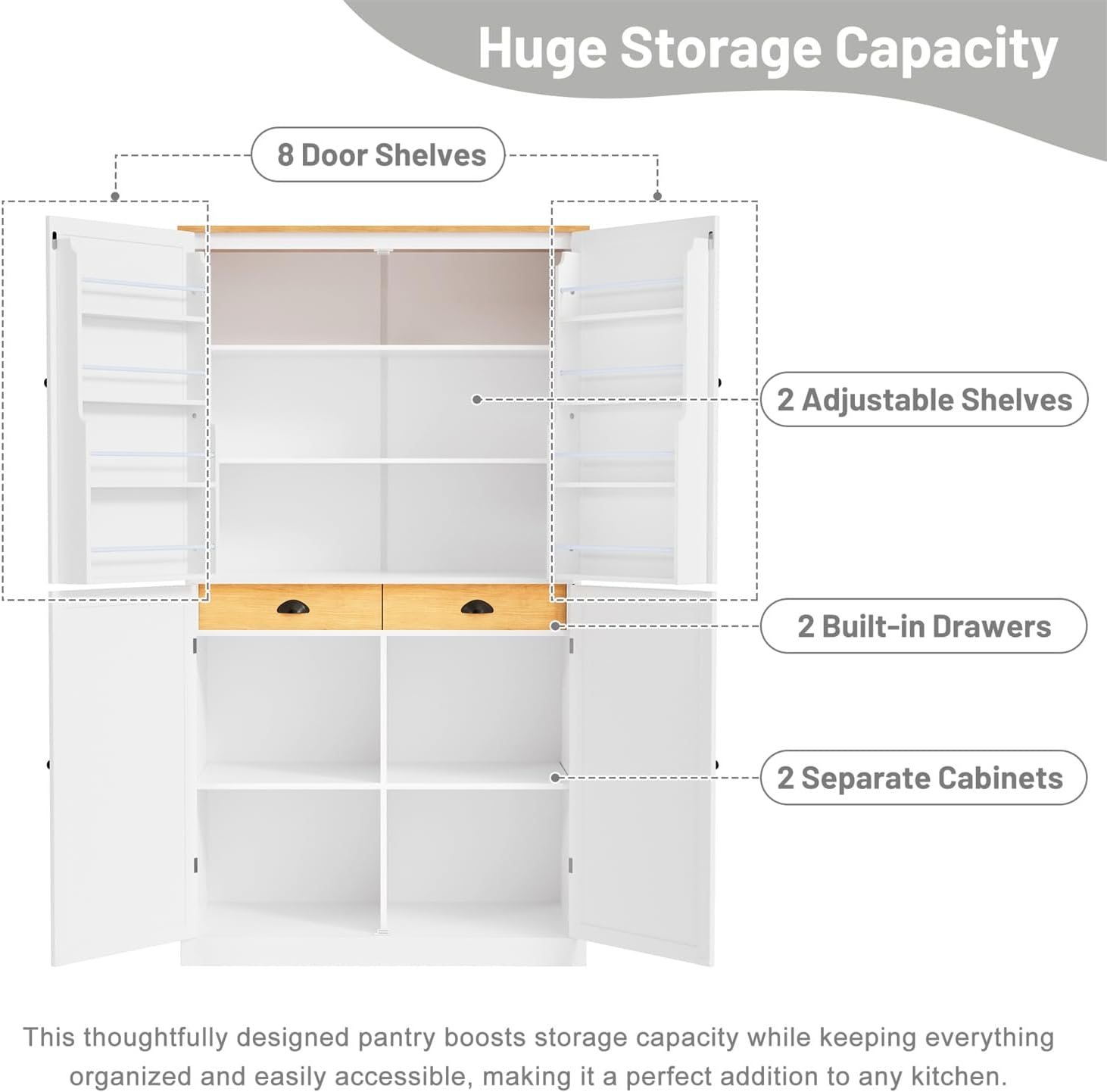 Linique 71.3" Kitchen Pantry with 2 Drawers, 2 Adjustable Shelves, 8 Door Racks, Large Wooden Cupboard, Freestanding Tall Cabinet for Kitchen Dining Room, White