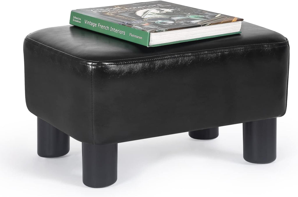 Homebeez 16" Small Footstool PU Leather Ottoman Footrest Modern Home Living Room Bedroom Rectangle Stool with Padded Seat Plastic Legs, Dark