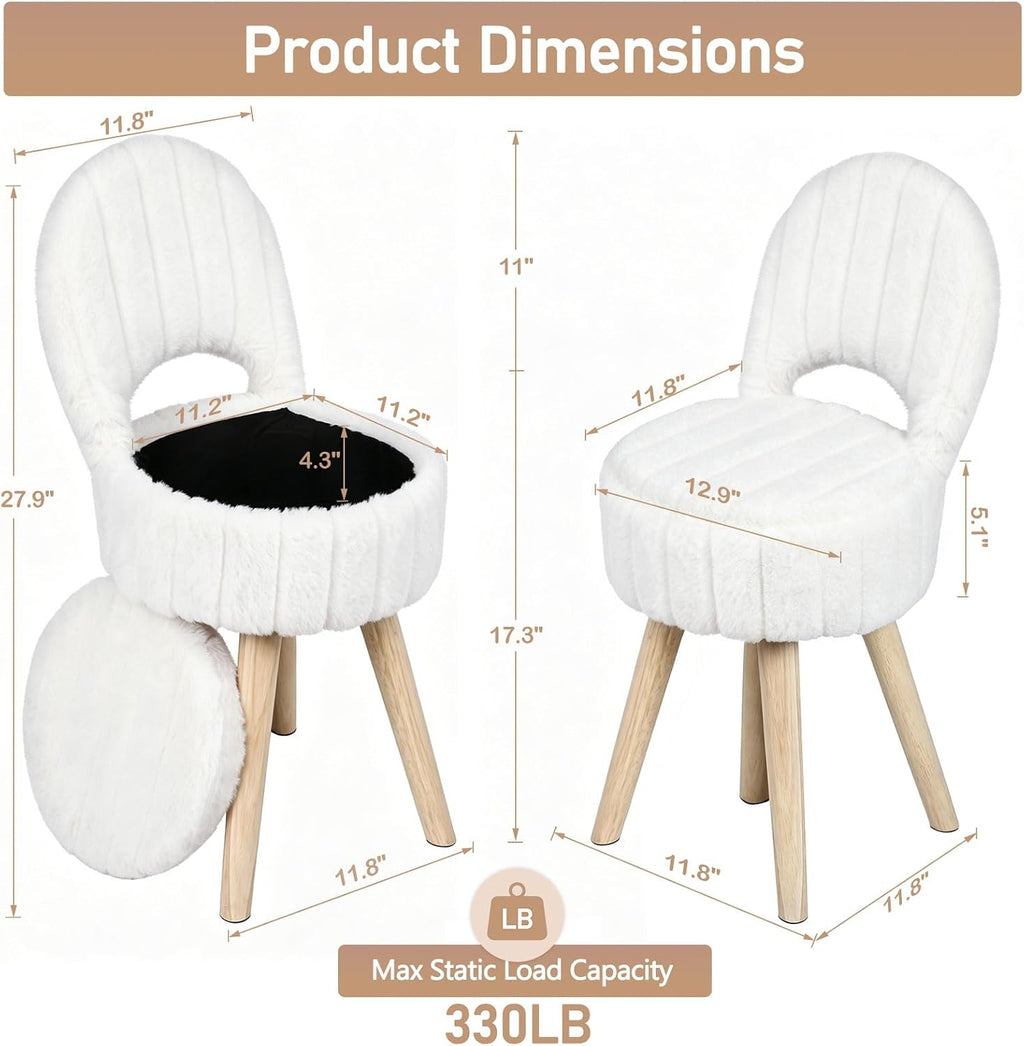 Small Vanity Stool Chair with Storage & Folding Back, Faux Rabbit Fur Soft Padded Seat Ottoman, 4 Solid Wood Legs Anti-Slip Feet, Stool for Vanity Desk for Makeuproom, Bedroom 12.9”x11.8”x27.9”（White）