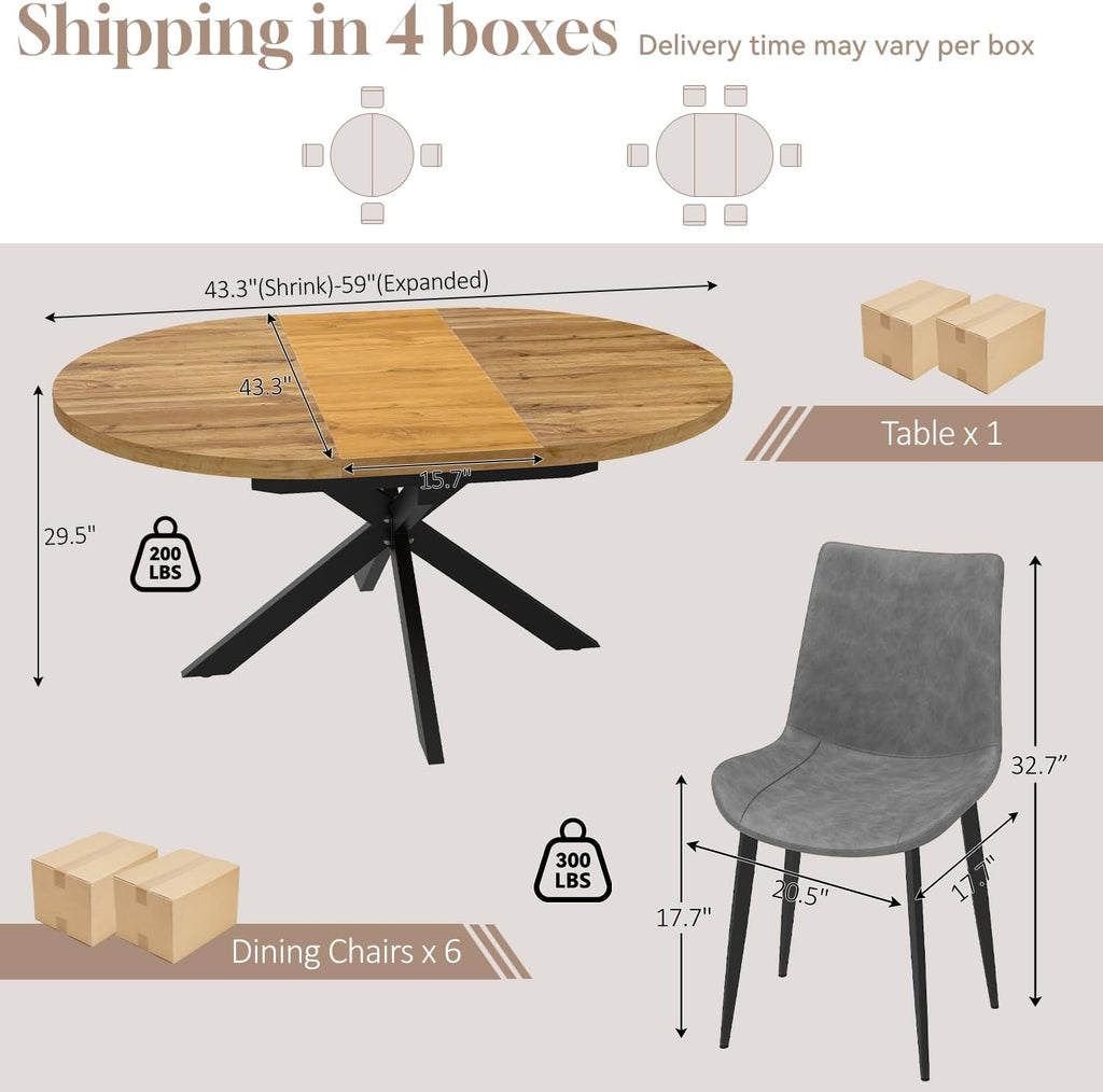 7-Piece Extendable Round Dining Table with Chairs Set for 6, 43"-59" Kitchen Dining Table Set with Heavy Duty Leg for Dining Living Room Apartment(Oak Table + 6 Gray Chairs)