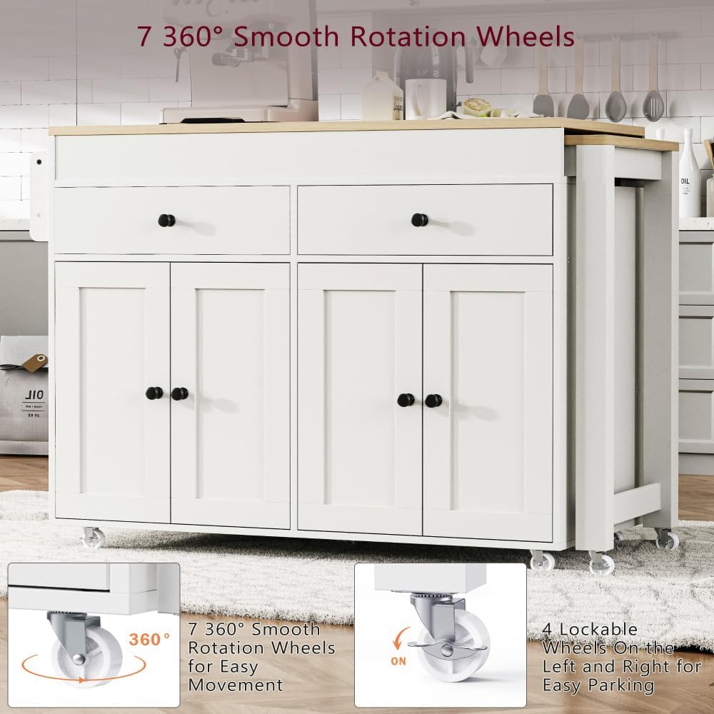 ZOEDO K&K 74.5 Inch Kitchen Island with Extendable Dining Table, Rolling Kitchen Island on Wheels with Spice Rack and 2 Drawers, 4 Door Cabinet, for Kitchen, Dining Room, White (One Package)