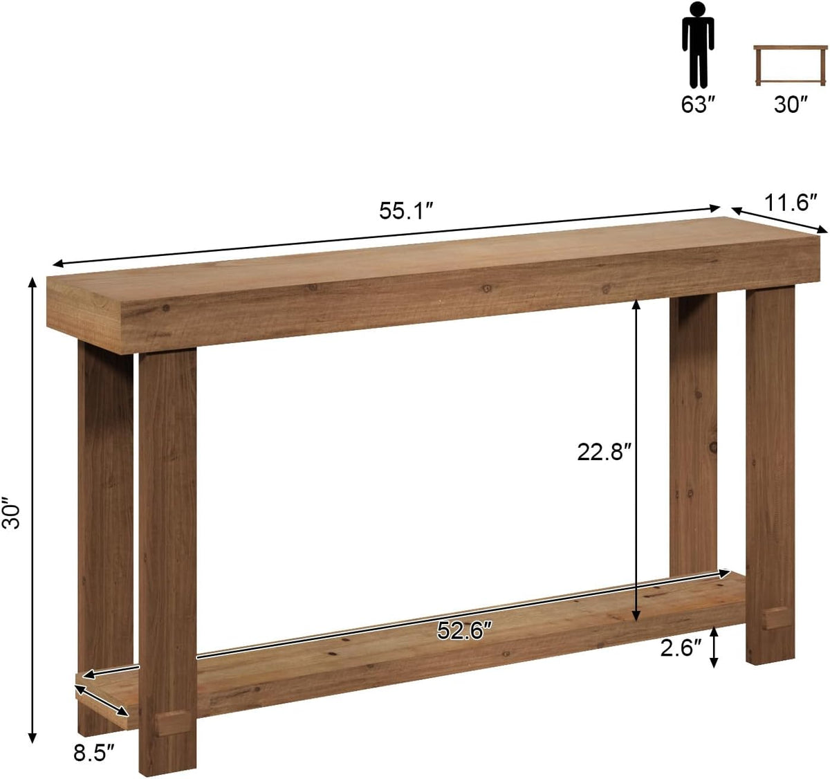55.1" Long Solid Wood Console Table, Farmhouse Narrow Sofa Table | with Storage Shelf, Thickened Tabletop and Legs, Easy Assembly, Behind the Sofa or Couch, for Living Room, Hallway, Entry