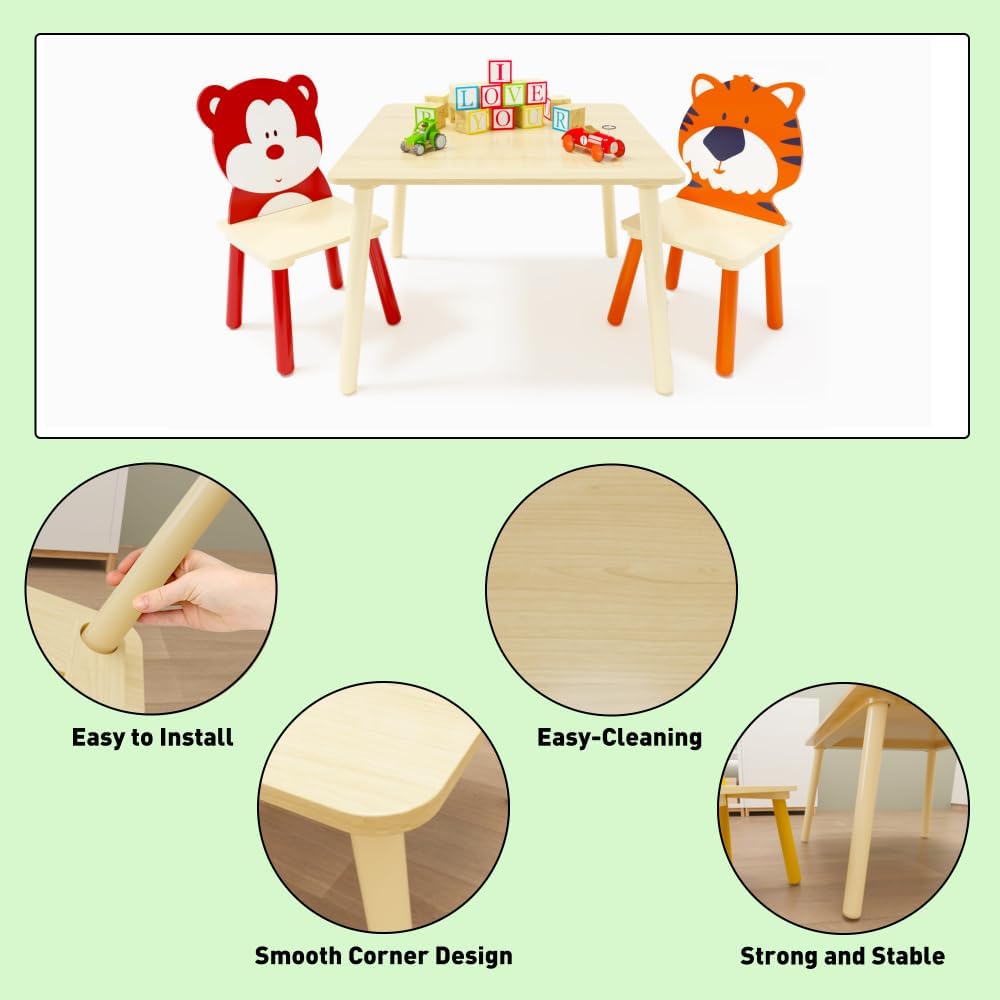 3 Pieces Kids Table and Chairs Set- Wooden Toddler Activity Table and 2 Chair Set with Bear and Tiger Chairs, Play Drawing Table for Daycare Classroom Nursery Home, Natural