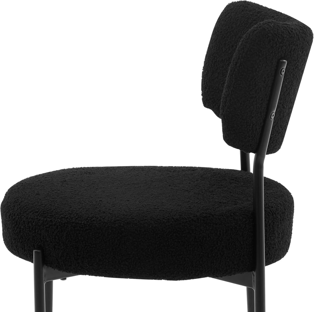 Boucle Dining Chair Set of 2, Mid Century Modern Upholstered Kitchen Chairs with Curved Backrest & Black Metal Legs, Round Dining Room Chairs, Black