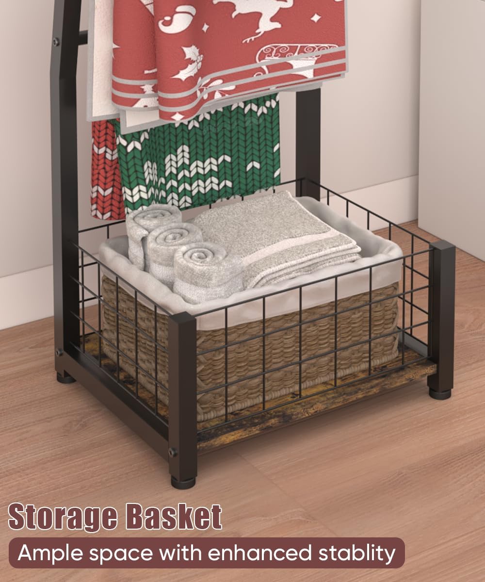 6.3ft Blanket Ladder with Storage Basket, 5 Tier Decorative Ladder Shelf Stand for Living Room & Bedroom, Wall-Leaning Blanket Holder Quilt Rack for Home Décor, Rustic Brown & Black