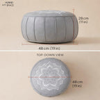 Round Pouf Cover, Premium Leather Ottoman Cover 19in / 48cm, Unstuffed Floor Pouf with Handcrafted Embroidery, Boho Footrest for Living Room, Meditation Cushion, Home Decor (Grey)