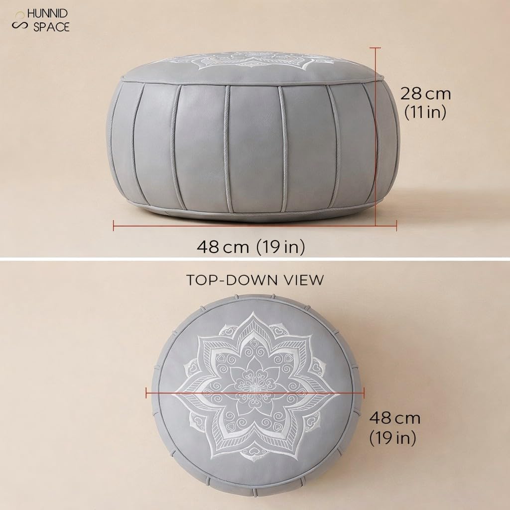 Round Pouf Cover, Premium Leather Ottoman Cover 19in / 48cm, Unstuffed Floor Pouf with Handcrafted Embroidery, Boho Footrest for Living Room, Meditation Cushion, Home Decor (Grey)
