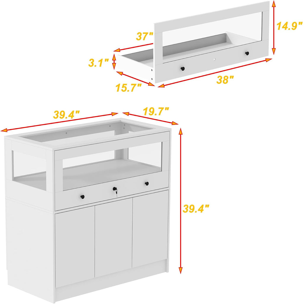 Homsee Wardrobe Armoire Closet with Lock, Walk-in Closet Island Dresser with Glass Showcase, Drawers & Doors, Modern Storage Display Cabinet for Bedroom, Fitting Room & Shops, White