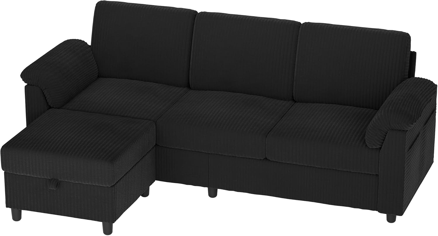 Vongrasig 79" Convertible Sectional Couch for Living Room, Modular L Shaped Sofa with Movable Ottoman, Comfy Corduroy Fabric Couch with Removable Covers, Modern Apartment Furniture, Black