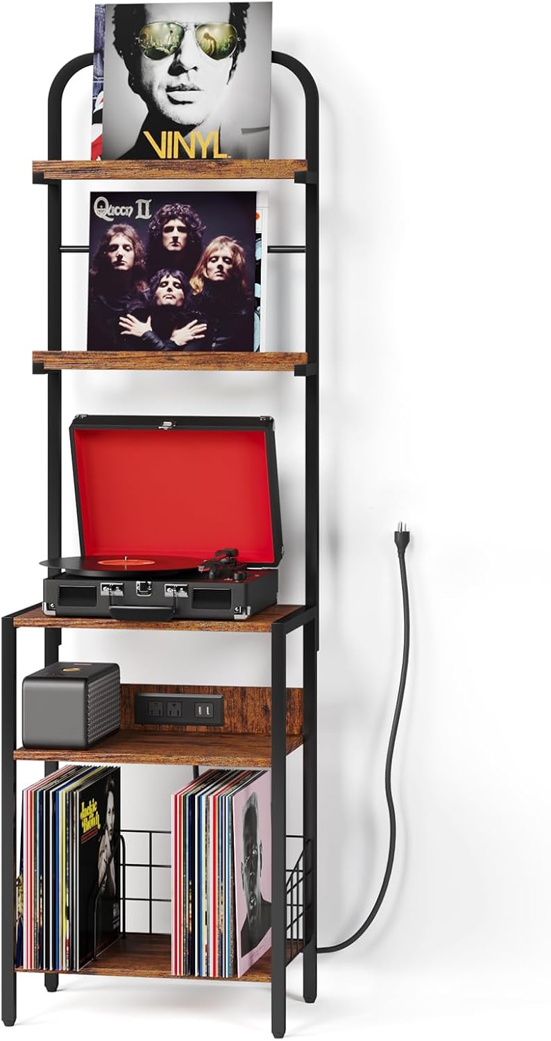 Record Player Stand with Power Outlet, Turntable Stand with 2-Tier Vinyl Record Storage, Record Player Table Up to 200 Albums, End Table for Vinyl Record Holder for Living Room