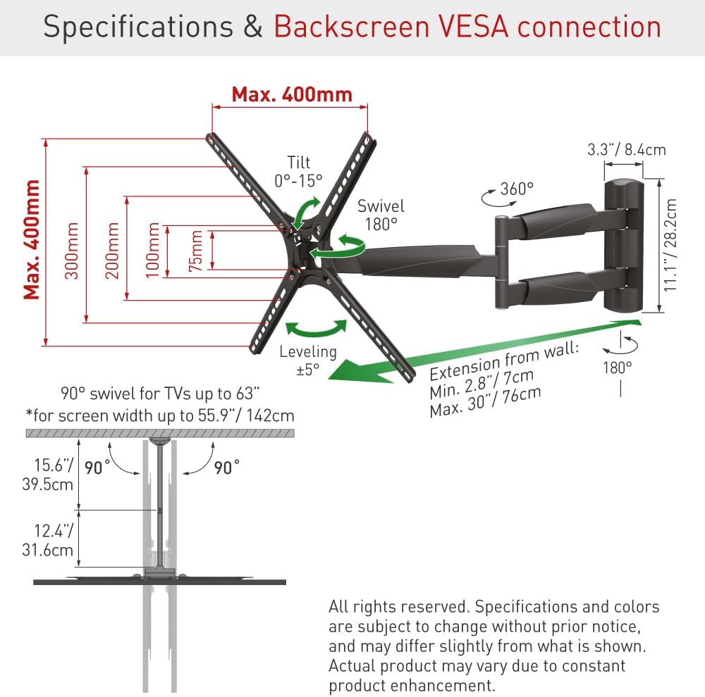 Barkan 30'' Long TV Wall Mount, 13-65 inch Full Motion Articulating - 4 Movement Flat/Curved Screen Bracket, Holds up to 80lbs, Extremely Extendable, Fits LED OLED LCD