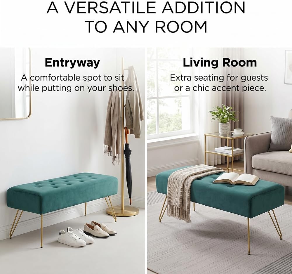 Velvet Button-Tufted Entryway Bench, 39.37" Modern Upholstered Bedroom Bench with Gold Metal Legs, Padded Rectangular End of Bed Bench for Living Room, Dining Room (Blackish Green)